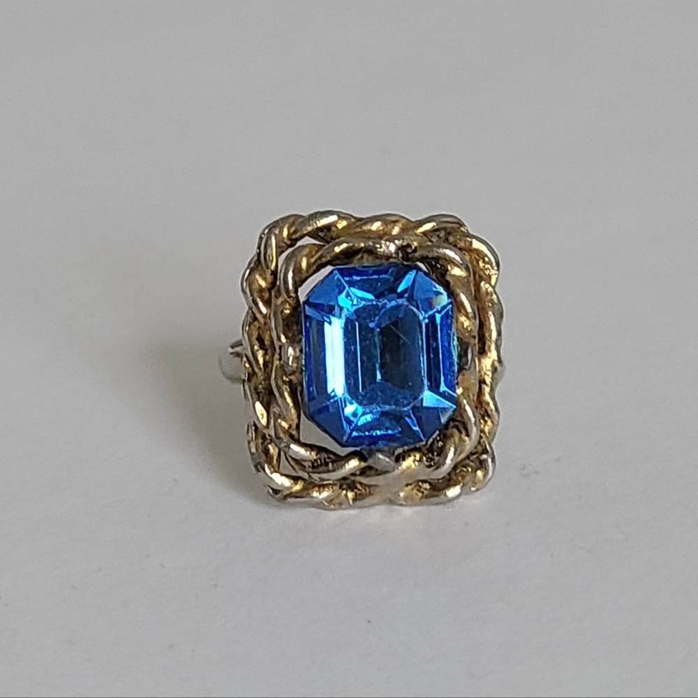 Vintage Blue Glass Rhinestone Gold Silver Two Tone Metal Chunky Statement Ring